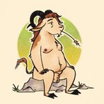 animal_genitalia anthro ball_tuft balls belly_tuft bovid_horn brown_body brown_fur brown_hair caprine_horn casual_nudity chest_tuft fully_sheathed fur genitals grass hair hand_on_knee hand_on_leg hay hooves horn long_hair looking_away male nipples on_rock pink_nipples plant ram_horn rock sheath simple_background sitting sitting_on_rock solo spread_legs spreading tan_body tan_fur tuft vickydanne bovid caprine goat mammal straw_(disambiguation)