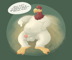 anthro avian_caruncle balls beak belly black_eyes bodily_fluids comb_(anatomy) cum dewlap_(anatomy) dialogue erection feet fur genital_fluids genitals gesture half-closed_eyes hand_gesture hand_on_belly head_crest humanoid_genitalia humanoid_penis leaking_cum looking_at_viewer male narrowed_eyes navel penis pointing pointing_at_penis pointing_down precum red_body red_fur slightly_chubby slightly_chubby_male smile smirk solo speech_bubble talking_to_viewer talons teeth text thick_thighs toes tongue toothed_beak wattle white_body white_fur yellow_beak yellow_feet bastardpalace looney_tunes warner_brothers foghorn_leghorn avian bird chicken galliform leghorn_chicken phasianid colored_sketch english_text hi_res sketch