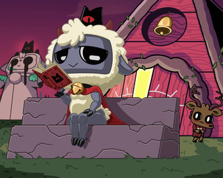 ambiguous_gender anthro bell bell_collar chair collar furniture looking_at_viewer on_chair public reading short_stack sitting sitting_on_chair solo fennespresso cult_of_the_lamb massive_monster_(studio) follower_(cult_of_the_lamb) lamb_(cult_of_the_lamb) bovid caprine mammal sheep 5:4 absurd_res hi_res