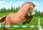 cloud female fence flower forest generic_flower obstacle_course pasture plant solo tree jenery draft_horse equid equine fjord_horse horse mammal