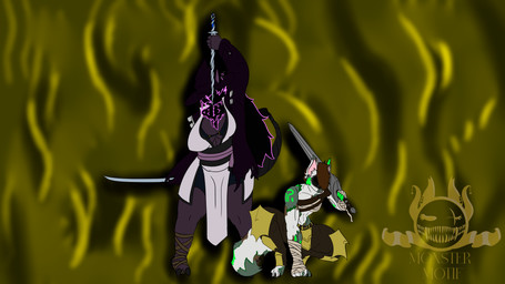 anthro armor asian_clothing athletic bandaged_breasts belt big_breasts black_hair breasts brown_hair clothing duo east_asian_clothing female focused footwear glowing glowing_hair guts_pose hair hand_wraps hat headgear headwear herm intersex intersex/female jacket japanese_clothing katana kimono leather leather_clothing leather_jacket leather_topwear long_hair markings melee_weapon obscured_face overweight pose purple_body runes sandals scepter sharp_tail shoes short_hair shoulder_guards simple_background spots spotted_markings sword topwear ultra_greatsword weapon wide_hips wizard_hat wraps monstermotif empress_ivy magdalene_choires felid feline mammal voidling 16:9 4k absurd_res hi_res widescreen
