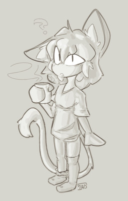 anthro beverage bottomless clothed clothing coffee cozy female morning shirt short_height solo surprised t-shirt tired topwear onearmdude tsukihime type-moon neco-arc domestic_cat felid feline felis mammal hi_res shaded simple_shading