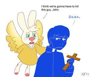 anthro buckteeth clothed clothing cross_(symbol) crucifixion dialogue duo feathered_wings feathers female flying freckles frown fur hair male monochrome_body open_mouth priest rabbit_ears simple_background teeth text white_background wings kraken-draws angel_hare faith_(game) i_think_we're_gonna_have_to_kill_this_guy the_east_patch angel_gabby father_john_ward_(faith) angel human lagomorph leporid mammal rabbit crossover english_text meme