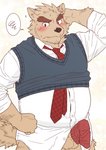 anthro balls blush clothing cute_fangs fangs genitals humanoid_hands kemono male necktie penis shirt simple_background slightly_chubby solo teeth topwear ryuta-h canid canine mammal 2018