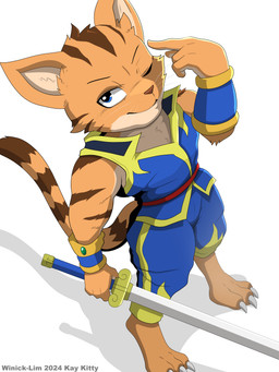 3_toes anthro barefoot biped black_nose blue_bottomwear blue_clothing blue_eyes blue_pants bottomwear bracelet cheek_tuft claws closed_smile clothed clothing countershade_face countershade_torso countershading digitigrade eyebrows facial_tuft feet high-angle_view holding_melee_weapon holding_object holding_sword holding_weapon jewelry looking_at_viewer male melee_weapon mouth_closed multicolored_body one_eye_closed pants paws simple_background smile solo standing sword tan_body toe_claws toes tuft two_tone_body weapon whiskers white_background white_body white_countershading winick-lim legend_of_kay kay_(legend_of_kay) domestic_cat felid feline felis mammal 2024 3:4 absurd_res hi_res