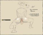 anal_hair anthro anus backsack balls butt detailed_anus dialogue digitigrade genitals looking_back male orange_eyes perineum rear_view saggy_balls short_tail simple_background solo tail talking_to_viewer tan_background text sadosaurus elden_ring fromsoftware boc_the_seamster demi-human_(elden_ring) english_text hi_res monochrome sketch