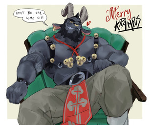 5_fingers anthro arm_tattoo armpit_hair beard bell bell_harness belt black_nipples body_hair bottomwear bracelet chair chest_hair clothed clothing ear_piercing facial_hair facial_piercing fingers fur furniture grey_body grey_fur harness heart_symbol holidays horn jewelry male muscular muscular_anthro muscular_male nipple_piercing nipple_ring nipples nose_piercing nose_ring on_chair pants piercing ring_piercing simple_background sitting solo speech_bubble spread_legs spreading tattoo text topless topless_male yellow_sclera macholobo christmas krampus bovid caprine caprine_demon demon goat_demon mammal 2025 english_text hi_res