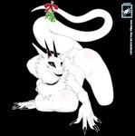 all_fours anthro ass_up big_breasts big_butt black_lips blue_eyes breasts butt claws collar female fur holidays horn kissing_bough lips looking_at_viewer mistletoe nude outside plant sky smile solo tail text thick_lips white_body white_fur walter_sache christmas meera synx 2013 absurd_res dated digital_media_(artwork) hi_res