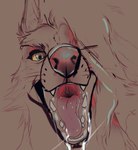 64k ambiguous_form bodily_fluids canid canine digital_media_(artwork) green_eyes hair hair_over_face hi_res imminent_vore male mammal markings mouth_shot open_mouth saliva saliva_string sketch solo talking_to_viewer teeth whisker_markings whiskers yellow_sclera