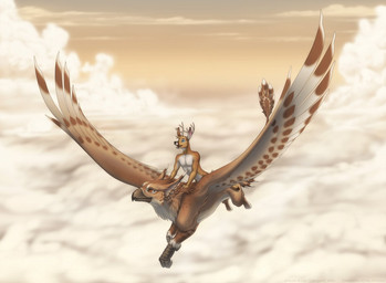 ambiguous_gender anthro antlers beak casual_nudity cloud duo feathered_wings feathers feral flying hooves horn male midair nude outside riding sky skyscape straddling tail wings orange04 mythology avian deer gryphon mammal mythological_avian mythological_creature 2010 restricted_palette