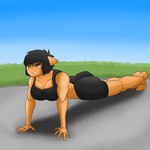 anthro black_hair blue_eyes bottomwear bra clothing exercise female fur grass hair orange_body orange_fur plant shorts solo sports_bra underwear arisenleaf fluffy_pony cloe_(arisenleaf) fluffy_pony_(species) mammal 1:1 hi_res