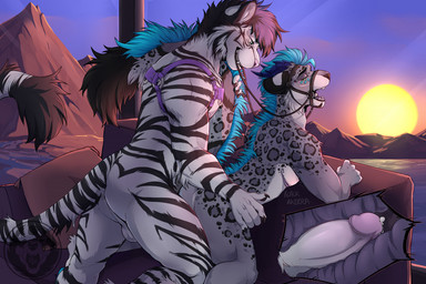 andromorph bodily_fluids claws duo eyes_closed fangs fur furniture genital_fluids genitals green_eyes hair harness internal intersex looking_pleasured male mountain nipples open_mouth penis precum sex smile sofa sunset teeth tongue bluezeru nickel_(neonmushu) zeru_(bluezeru) felid leopard mammal pantherine tiger nonbinary_(lore)