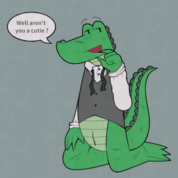 accessory animal_genitalia anthro bent_legs blush blush_lines bottomless cloaca clothed clothing dialogue genitals gesture half-closed_eyes hand_gesture hand_on_leg kneeling long_sleeve_shirt looking_at_viewer male narrowed_eyes necktie open_mouth pointing scratches simple_background solo speech_bubble topwear topwear_only vest dowaku_01 investigators_(book) mango_(investigators) alligator alligatorid crocodilian reptile scalie hi_res