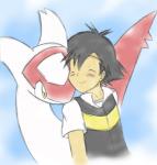 ambiguous_gender black_hair blush duo eyes_closed feral hair male yellow_eyes luminasumnor nintendo pokemon ash_ketchum pokemon_trainer generation_3_pokemon human latias legendary_pokemon mammal pokemon_(species) scalie