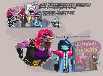 alternative_fashion ambiguous_gender anthro athletic athletic_female bodily_fluids concert drum drum_set electric_guitar electronics female for_a_head freckles grin group guitar male microphone musical_instrument percussion_instrument plucked_string_instrument punk rockstar screen screen_face smile spikes string_instrument sweat sweating_profusely television twerking when_you_see_it worried mikelocesterlanders deltarune disco_elysium undertale_(series) kris_dreemurr ralsei susie_(deltarune) tenna_(deltarune) bovid caprine darkner goat human lightner mammal monster object_head scalie screen_head tv_head hi_res