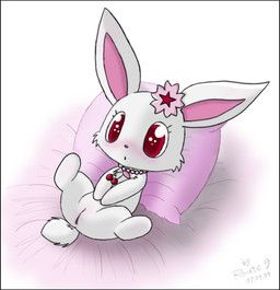 anthro blush cherry collar female food fruit genitals pillow plant pose solo vulva young young_anthro route9 jewelpet sanrio sega sega_fave ruby_(jewelpet) hare lagomorph leporid mammal