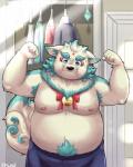 anthro bell belly big_belly clothed clothing flexing male mirror moobs nipples overweight overweight_anthro overweight_male pubes ribbons slightly_chubby solo topless tuft aotoaka jevicho99 asian_mythology east_asian_mythology japanese_mythology lifewonders mythology tokyo_afterschool_summoners agyo_(tas) foo_dog komainu mammal yokai hi_res