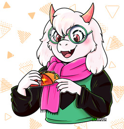 anthro clothing eyewear food glasses looking_at_food looking_at_object male open_mouth pattern_background pink_scarf scarf simple_background solo sweater taco topwear skoryx deltarune undertale_(series) ralsei boss_monster_(undertale) bovid caprine darkner goat mammal digital_drawing_(artwork) digital_media_(artwork) signature