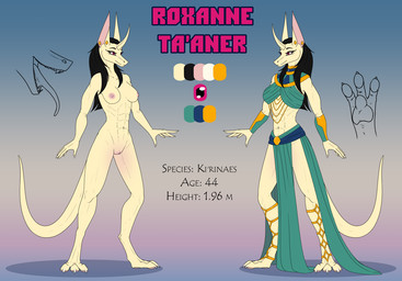 anthro breasts clothed clothing dress ear_piercing eastern equis_universe female genitals lasfarean muscular muscular_anthro muscular_female nipples nude outline paws piercing solo text vulva sunny_way roxanne_ta'aner ki'rinaes digital_media_(artwork) english_text model_sheet