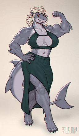 4_toes 5_fingers abs anthro arm_fin biceps big_breasts biped breasts claws cleavage clothed clothed_anthro clothed_female clothing collarbone countershade_face countershade_neck countershade_tail countershade_torso countershading deltoids eyebrows feet female fin fingers fist flexing flexing_bicep forearm_fin forearm_fins front_view fully_clothed fully_clothed_anthro fully_clothed_female grey_body grey_skin grin hair looking_at_viewer muscular muscular_anthro muscular_female navel non-mammal_breasts non-mammal_ears non-mammal_hair non-mammal_navel pecs pecs_with_breasts red_eyes simple_background smile smiling_at_viewer solo tail tail_fin text thick_tail thick_thighs toe_claws toes white_hair wide_hips rawslaw5 aquatic fish shark artist_name chromatic_aberration hi_res