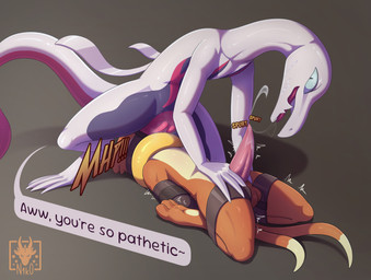 anthro balls bdsm bodily_fluids bondage bound cum cumshot dominant dominant_female duo ejaculation erection facesitting female genital_fluids genitals interspecies male male/female open_mouth orange_body orgasm penis restraints sitting_on_another submissive submissive_male tail text tongue vulva n1k0 nintendo pokemon buizel generation_4_pokemon generation_7_pokemon pokemon_(species) salazzle shiny_pokemon hi_res