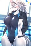 anthro big_breasts black_nose blush breasts butt butt_from_the_front cheek_tuft chest_tuft clothed clothing curvy_figure facial_tuft female female_anthro front_view fur grey_body grey_fur grey_hair grin hair inside jacket kemono long_hair looking_at_viewer one-piece_swimsuit open_clothing open_jacket open_topwear ponytail red_eyes smile solo sport_swimsuit swimming_pool swimwear thick_thighs topwear tuft voluptuous water white_body white_fur wide_hips sgsix canid canine mammal 2019 hi_res portrait three-quarter_portrait