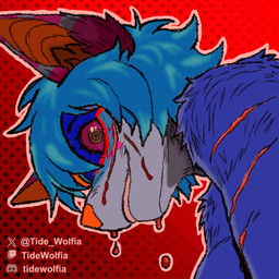 anthro blood blue_body blue_fur bodily_fluids fur goo_hair insane looking_at_viewer male orange_nose pseudo_hair scar simple_background sketchy smile smirk solo teeth wounded tide_wolfia tide_wolfia_(character) canid canine canis mammal wolf 1:1 shaded simple_shading