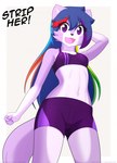 anthro blue_hair bottomwear bra breasts canid canine canis clothing erdfurry female fur green_hair hair hi_res lanna_(erdfurry) looking_at_viewer looking_down looking_down_at_viewer mammal midriff multicolored_body multicolored_fur multicolored_hair orange_hair purple_body purple_clothing purple_eyes purple_fur red_hair shorts simple_background small_breasts solo sports_bra strip_game two_tone_body two_tone_fur underwear white_background white_body white_fur wolf