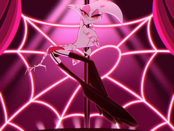 anthro blush bottomwear bulge chest_tuft choker clothed clothing curtains detailed_background eyeshadow fluffy footwear fur garter_straps glistening heart_symbol high_heels jewelry looking_at_viewer makeup male multi_limb necklace performance pole red_eyes sharp_teeth shoes skimpy skirt smile solo spider_web spotlight stripes stripper_pole teeth tuft white_body white_fur wwotart hazbin_hotel hellaverse angel_dust arachnid arthropod demon spider absurd_res hi_res source_request