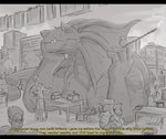 anthro black_bars building dialogue group macro male market market_stall size_difference text sixsydes mythology dragon human mammal mythological_creature mythological_scalie scalie english_text greyscale letterbox monochrome