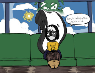 anthro black_body black_fur eyewear female fur glasses mask public_transportation rapid_transit sitting skunk_spray solo sun white_body white_fur yotomoe covid-19_pandemic muffy_(yotomoe) mammal mephitid skunk 2020