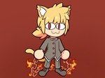 ambiguous_gender blonde_hair cat_tail chain clothing female fire grey_clothing hair light_body light_skin red_eyes solo dynogreeno lifewonders tokyo_afterschool_summoners tsukihime type-moon arc_(tas) neco-arc animal_humanoid cat_humanoid felid felid_humanoid feline feline_humanoid humanoid mammal mammal_humanoid hi_res