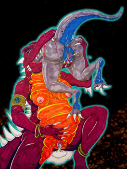 anthro anus bangle belly big_belly bite blood bodily_fluids bracelet breasts butt claws cum cum_drip cum_in_vagina cum_inside cunnilingus dripping duo excessive_cum excessive_genital_fluids eyes_closed female female/female genital_fluids genitals hand_on_belly hand_on_butt jewelry multicolored_body multicolored_skin nipples non-mammal_breasts non-mammal_nipples oral oral_vore raised_tail sex sharp_teeth spread_legs spreading tail teeth toe_claws two_tone_body two_tone_skin vaginal vaginal_fluids vore vulva lokidragon87 dinosaur prehistoric_species reptile scalie 3:4 absurd_res hi_res