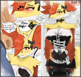 anthro anthro_penetrated big_breasts bodily_fluids breasts clothing costume deep_throat duo fellatio female female_penetrated fire fire_symbol fur glowing glowing_eyes hand_on_head heart_symbol human_on_anthro human_penetrating human_penetrating_anthro interspecies maid_uniform male male/female male_penetrating male_penetrating_female oral oral_penetration penetration penile penis_in_mouth pokephilia red_body red_fur saliva sex shy side_view simple_background speech_bubble stick sweat sweatdrop text uniform sanix nintendo pokemon delphox generation_6_pokemon human mammal pokemon_(species) english_text hi_res line_art