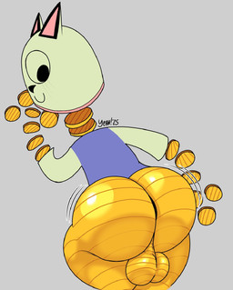 anthro backsack balls big_butt black_eyes black_nose blue_clothing blue_shirt blue_topwear blush bottomless bouncing_butt butt clothed clothing collar floating_hands floating_head genitals green_body green_clothing green_sclera green_shirt green_topwear leaning leaning_forward looking_back looking_down male orange_body perineum pink_collar pink_inner_ear shirt smile solo thick_thighs topwear yellow_balls yellow_body yellow_perineum objectdicks ena:_dream_bbq ena_(series) kane_(ena) animate_inanimate domestic_cat felid feline felis living_coin mammal 2025 hi_res