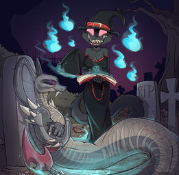 anthro apode arm_spikes biped black_body black_clothing black_dress black_hat black_headwear bone book breasts cemetery claws cleavage clothed clothing crossed_arms dress duo eyes_closed fangs female hat headgear headwear holding_book holding_object holidays legless lying lying_on_ground magic magic_user male medium_breasts night nude on_back on_ground open_mouth open_smile outside plant sharp_teeth shoulder_spikes skeleton sleeves smile spikes spikes_(anatomy) standing teeth translucent translucent_body tree visible_skeleton witch_hat fuf halloween cobra domestic_cat felid feline felis mammal reptile scalie snake 2019 hi_res