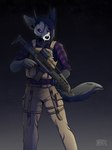 angry anthro assault_rifle black_body black_fur bottomwear bulletproof_vest cargo_pants clothed clothing flannel fur gun horn male mask pants plate_carrier purple_eyes ranged_weapon rifle skull_mask solo tactical_gear weapon xm8 evvonic magnae abyssal_wolf 2021 absurd_res hi_res