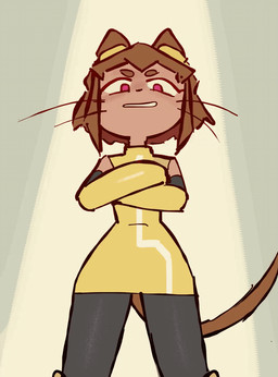 anthro armwear brown_body brown_fur brown_hair clothing crossed_arms dancing female front_view fur grin hair hip_sway legwear looking_at_viewer low-angle_view purple_eyes short_hair simple_background smile solo spotlight standing stockings tail tail_motion tailwag tan_background whiskers yellow_clothing trashyy_noway ankha_zone gameoverse glitch_productions kit_bodega domestic_cat felid feline felis mammal 2026 animated animation_meme hi_res loop meme portrait three-quarter_portrait