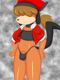 anthro biped brown_hair bulge clothing detailed_bulge femboy fur genitals hair handwear hat headgear headwear looking_at_viewer male male_anthro penis penis_base simple_background smile solo tail underwear faremertiuy floppi_(mentle_xd) canid canine canis domestic_dog mammal 3:4 absurd_res digital_media_(artwork) hi_res