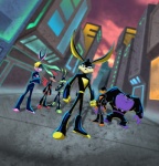 2772 acmetropolis anthro blue_eyes city cityscape crossed_arms female fist group looking_at_viewer male ponytail_ears purple_eyes smile standing superhero tail unknown_artist loonatics_unleashed looney_tunes warner_brothers ace_bunny danger_duck lexi_bunny rev_runner slam_tasmanian tech_e._coyote anatid anseriform avian bird canid canine canis coyote cuculiform dasyurid dasyuromorph duck lagomorph leporid mammal marsupial new_world_ground_cuckoo rabbit roadrunner tasmanian_devil hi_res