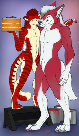 anthro anthro_on_anthro black_nose brush cake dessert duo eyes_closed featureless_crotch food fur grey_hair hair holding_brush holding_cake holding_food holding_object kissing male male/male markings multicolored_hair nude red_body red_fur red_hair red_nose short_hair size_difference smile standing striped_arms striped_legs striped_markings striped_neck striped_tail stripes tail tail_markings two_tone_hair white_body white_fur white_hair yellow_body yellow_fur killthe_demon angel_(velvetvlade) kaibly_(kaibly) canid canine felid mammal absurd_res hi_res