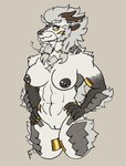 abs anthro athletic athletic_female barbell_piercing black_nipples black_nose blue_eyes breasts chest_tuft claws ear_piercing female fur genitals gold_(metal) gold_claws gold_jewelry gold_markings gold_piercing gradient_fur grey_body grey_ears grey_fur grey_hair grey_scales hair hands_on_hips horn inner_ear_fluff jewelry markings muscular navel neck_tuft nipple_piercing nipples nude piercing pussy scales solo tied_hair tomboy tuft whiskers white_body white_fur white_hair saint_sol mythology helian_(saint_sol) dragon eastern_dragon furred_dragon furred_scalie mythological_creature mythological_scalie scalie absurd_res hi_res