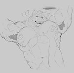 absurd_res ambiguous_gender anthro armpit_hair big_muscles big_pecs blaidd_(elden_ring) body_hair canid canine canis dialogue disembodied_hand duo elden_ring fangs fromsoftware hi_res lying male mammal muscle_worship muscular muscular_anthro muscular_male nipples nude on_back pec_grab pecs question_mark sketch speech_bubble teeth ursso_(artist) wolf