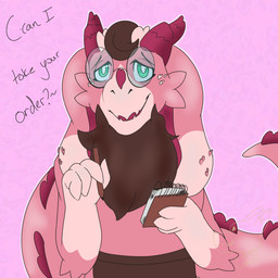 4_fingers anthro brown_body brown_fur dialogue eyewear facial_scales fingers fur glasses green_eyes holding_object horn long_ears looking_at_viewer male multicolored_body neck_tuft note_pad pencil_(object) pink_arms pink_body pink_hands pink_horn pink_scales scales shy simple_background smile solo tail text tuft waist_apron wearing_glasses wdigni42 valenti(wdigni42) kobold scalie 1:1 absurd_res english_text hi_res watermark