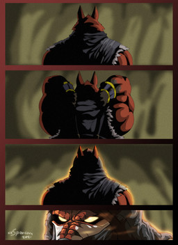 anthro armor big_muscles bracers clothed clothing fur glowing glowing_eyes hood huge_muscles male mask multicolored_body multicolored_fur muscular red_body red_fur topwear two_tone_body two_tone_fur white_body white_fur xxsparcoxx acarius_medjay teofacio_larna canid canine fox mammal red_fox true_fox 2021 comic digital_media_(artwork) hi_res