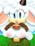 anthro areola bell belt big_breasts blue_eyes breasts clothing exposed_breasts female fluffy fluffy_hair fur gloves grass hair handwear horn huge_breasts long_hair nipples open_mouth plant sky solo white_body white_breasts white_fur white_hair aerosin idw_publishing sega sonic_the_hedgehog_(comics) sonic_the_hedgehog_(idw) sonic_the_hedgehog_(series) lanolin_the_sheep_(sonic) bovid caprine mammal sheep 3:4 hi_res