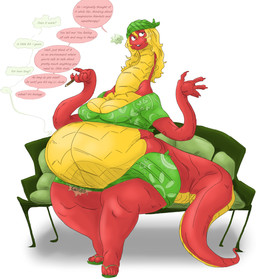 after_vore anthro belly big_belly blonde_hair breasts clothing duo female female_pred furniture green_clothing hair overweight red_body sitting sofa speech_bubble text vore grindaviking nightmarebros scalie_schoolie esmerelda_(scalie_schoolie) reptile scalie snake 2019 hi_res