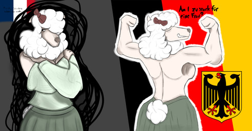 anthro biceps bottomwear bow_(feature) breasts butt clothing female france fur germany insecure muscular proud sad skirt smile smirk solo sweater tail topwear wool_(fur) dih_deer bovid caprine mammal sheep absurd_res hi_res