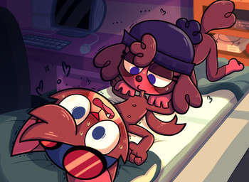 age_difference anthro balls beanie bed bedroom blue_eyes blush blush_lines bodily_fluids butt clothing computer cute_fangs duo electronics eyewear eyewear_on_head eyewear_only fangs fellatio female furniture genitals goggles goggles_on_head hand_on_leg hand_on_thigh hands_on_legs hands_on_thighs hat headgear headgear_only headwear headwear_only heart_symbol loli lying lying_on_bed male male/female mostly_nude nipples nude older_female on_back on_bed oral oral_penetration penetration penile penis pillow purple_eyes sex shota small_penis sweat teeth young young_anthro polygon5 murphy_and_mitzi playstation sony_corporation sony_interactive_entertainment murphy_(ajmarekart) zoe_(ajmarekart) canid canine canis domestic_cat domestic_dog felid feline felis mammal
