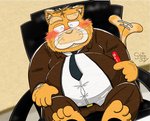 anthro belly blush bottomwear chair clothing eyes_closed furniture humanoid_hands male necktie overweight overweight_anthro overweight_male pants shirt sitting solo tail tail_motion tailwag topwear gatoggy domestic_cat felid feline felis mammal 2021